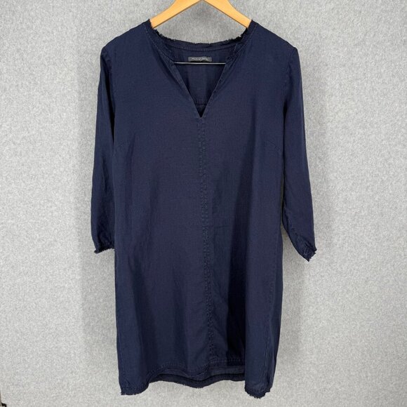 Michael Stars Paloma Frayed Hem Linen Dress Size M Navy Blue Beachy Minimalist - Picture 1 of 12